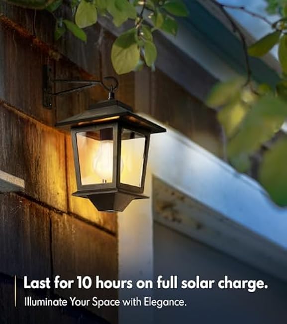 2 Pack Solar Wall Lanterns with Replaceable Bulb, Outdoor Hanging Solar Lights with 4 Solar Panels, Dusk to Dawn Led Outdoor Wall Sconce, Anti-Rust Waterproof Wall Lanterns with Hooks