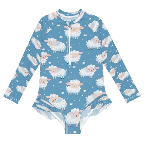 Sheep on Blue Girls Long Sleeve Swimsuits One Piece Zipper Bathing Suit UPF 50+ Rashguard Swimwear