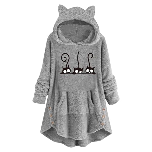 Generisch Sudadera con capucha para mujer con bonito diseño de gato. Jersey largo de forro polar con orejas y bolsillo canguro. Sudadera asimétrica de peluche para el invierno, Style_n02 Gris, M