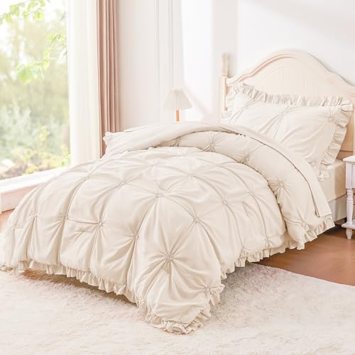 Image of Twin Comforter Set for Girls, Boho Pintuck Bedding Comforter Sets, 4 Pieces Ruffles Jacquard Embroidery Twin Bedding Sets with Comforter, Fitted Sheet, Flat Sheet and Pillowcase, Beige