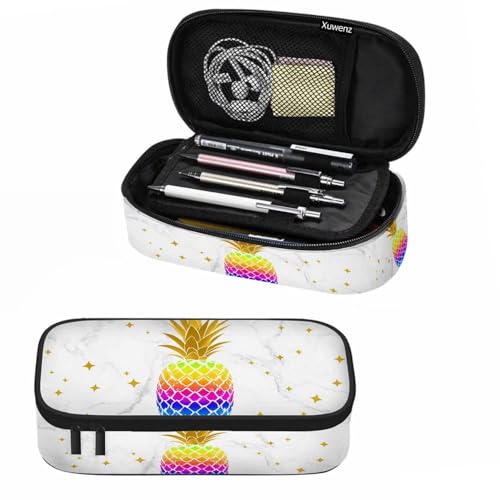 Image of White Marble Pencil Holder Bag Pineapple Fruit Gold Stars Pencil Case College Office School for Teens Boy Girl