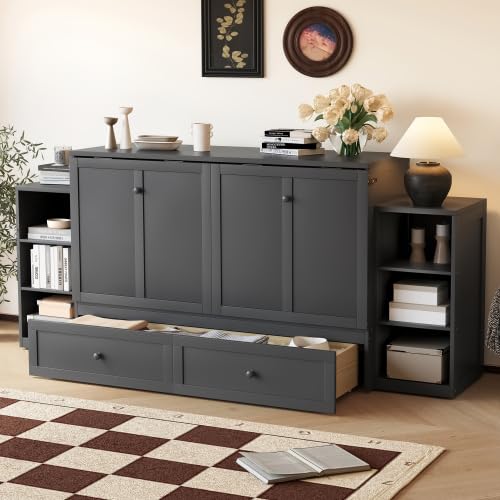 Bellemave Queen Murphy Bed, Cabinet Bed with 2 Shelves and Storage Drawers, Farmhouse Murphy...