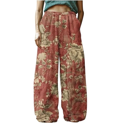 Linen Pants Women 2025 Casual High Waist Wide Leg Floral Palazzo Pant Flowy Trendy Beach Boho Trousers with Pockets - Main Image