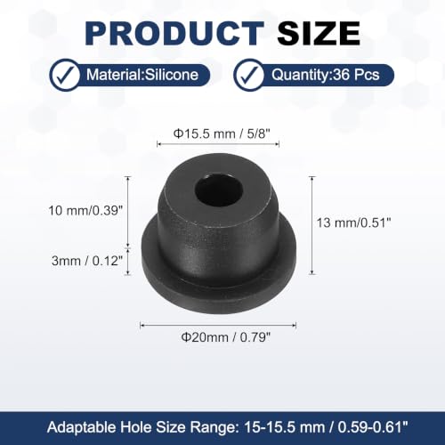 Image of MECCANIXITY 36pcs T-Shaped Silicone Plugs 15.5mm 5 /8 Inch Dia Snap in Plug Hole Seal Cover Round Rubber Stopper for 15-15.5mm Holes Kitchen Rubber Bulkheads Waterproof Sealing, Black