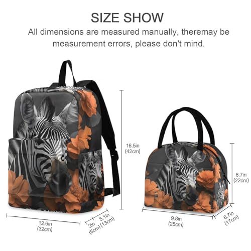 Backpack Lunch Bag Set Zebra with Flowers Print, Big Storage Travel Backpacks with Insulated Lunch Box for Office Hiking Picnic2