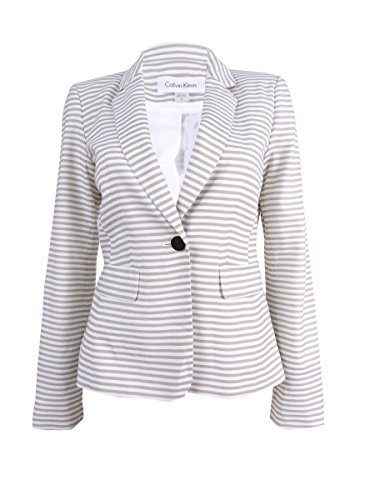 Calvin Klein Womens Plus Striped Long Sleeve One-Button Blazer White 22W