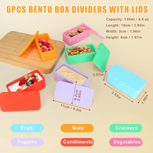 Biottro Silicone Lunch Box Dividers, 6PCS Bento Lunch Box Containers with Lid Food Safe Salad Dressing Container To Go Cupcake Baking Cups Reusable Snack Condiment Containers (Rectangular)