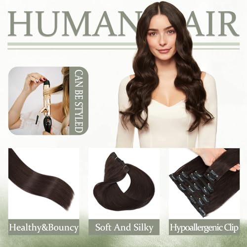 Dark Brown Clip in Hair Extensions Real Human Hair 8Pcs 22 Inch Remy Virgin Straight Human Hair Clip in Extensions 75g Double Weft Seamless Invisible Real Hair Extensions Clip ins Human for Women