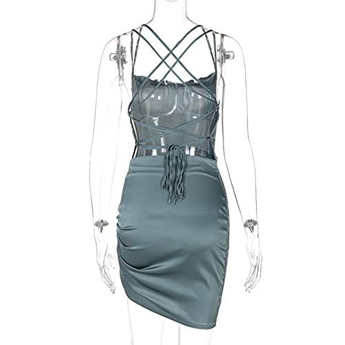 Image of JUMISEE Women Satin Ruched Lace Up Bodycon Mini Dress Sexy Backless Spaghetti Strap Party Dress for Cocktail Clubwear