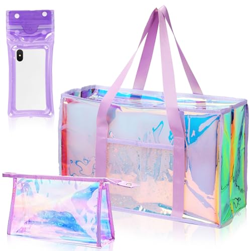Image of Purple Iridescent Waterproof Beach Travel Bag for Women Large Waterproof Sandproof Women's Beach Tote Pool Bag Zipper Pool Swim Tote Bag for Travel and Spring summer Vacation