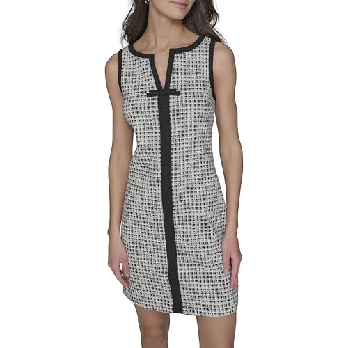 Image of Karl Lagerfeld Women's Sleeveless Split Neck Contrast Trim A-line Mini Dress with Bow Detail