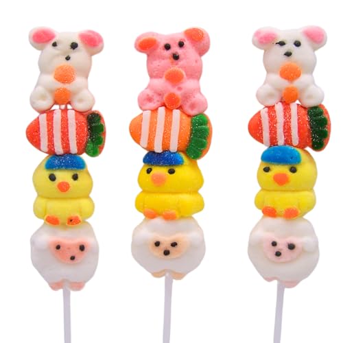 Needzo Marshmallow Kabobs Cute Bunny and Chick Shaped Marshmallows on a Stick, Gourmet Candy Party Favors for Boys and Girls, Pack of 3