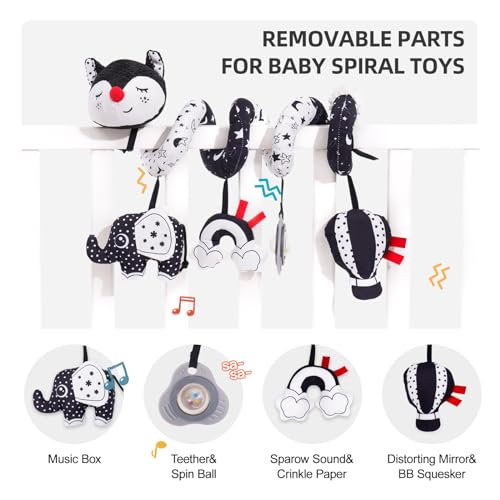 Image of Koty Car Seat Toys, Infant Baby Spiral Plush Activity Hanging Toy for Stroller Bar Pram Crib with Music Box BB Squeaker & Rattles(Black Fox)