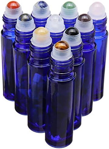 Cobalt Blue Glass Roller Bottle 10 Pack 10ml Gemstone Roller Ball For Essential Oils,Natural Crystal Stones Roller Ball With Black Lid Thick Glass Roll on Bottle,10 Balls material-Crystal Chips Inside