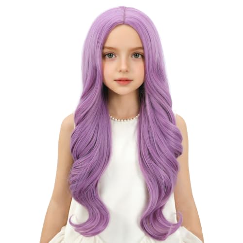 Image of Light Purple Wig Long Light Purple Middle Part Wig Long Wavy Curly Wigs Heat Resistant Synthetic Wigs for Daily Party Use