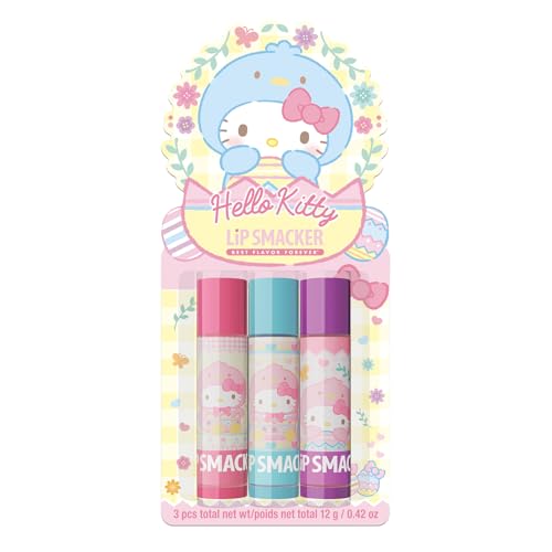Lip Smacker Hello Kitty Lip Balm Trio, Adorable Sanrio Collectible, Moisturizing & Nourishing Fruity Flavors, Guavalicious Day, Raspberry Roll, Cherry Sweet- Blue