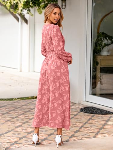 Image of Simplee Womens Boho Floral Long Sleeve Maxi Dress V Neck Empire Waist Fall Wedding Guest Dresses with Pockets