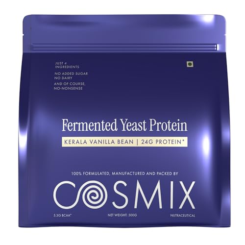 Image of Cosmix Fermented Yeast Protein Powder | 24g Protein | Pure Single-Source Plant Protein | Made In-House | Smooth, Crazy tasty & Gut-Friendly | Kerala Vanilla Bean, 500g Pouch