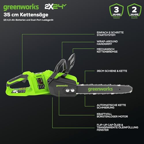 Greenworks 48V (24V x 2) Akku Kettensäge mit bürstenlosem Motor, 35cm Blattlänge, 20 m/s Kettengeschwindigkeit, Auto-Öler… – Ansicht 2
