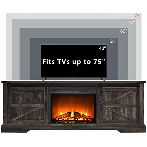 Okd Fireplace Tv Stand For 75+ Inch Tv, Farmhouse Entertainment Center With 23" Electric Fireplace And Remote Control, Long Rustic Media Console Cabinet With Sliding Barn Door, Dark Rustic Oak #TOP4