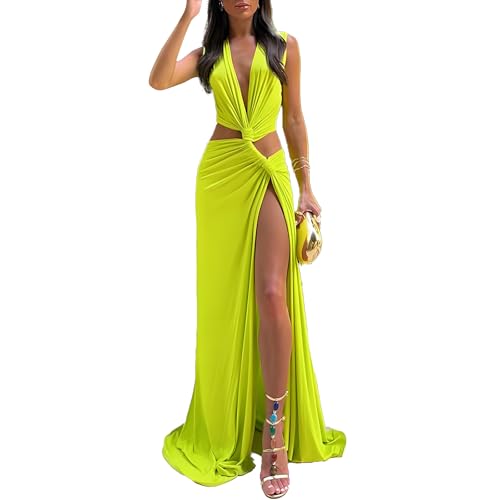 PWMENLK Women's Dress Green Hollow Out Long Dres Cutout Twist Sexy Slit Hem Deep V-Neck Tight Irregular Outfits