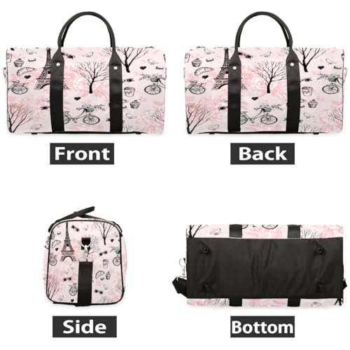 Paris Eiffel Tower Travel Duffel Bag, Pink Flower Bike Sports Tote Gym Bag, Foldable Weekender Overnight Bag, Luggage Handle Bag for Women Men2
