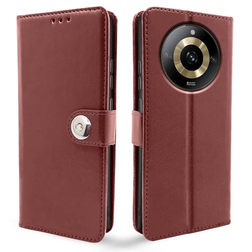Image of Pikkme Realme Narzo 60 5G Flip Cover Leather Finish | Inside TPU with Card Pockets | Wallet Stand and Shock Proof | Complete Protection Button Flip Case (Brown)