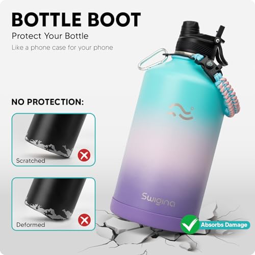 Image of Swigina [2-IN-1 LID] Gallon Insulated Water Bottle with Silicone Boot (48hrs Cold /24hrs Hot) - DIY Stickers, Leakproof, BPA Free, 128 oz