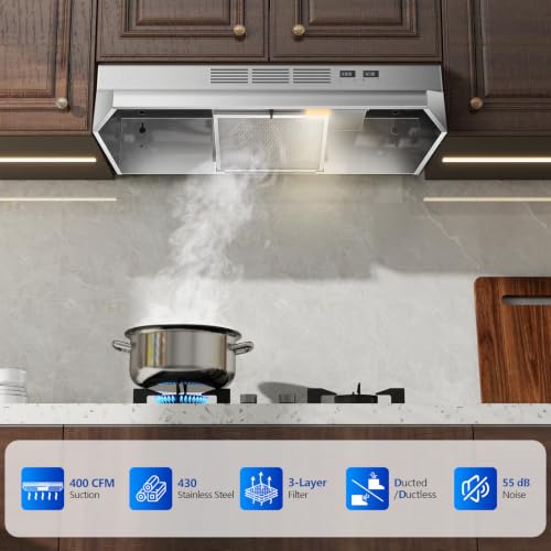 Tieasy 30 inch Range Hood Under Cabinet, 400 CFM Ducted/Ductless Convertible Vent Hood with 2 Speed Exhaust Fan, Rocker Switch Control, Multiple Venting Options, Stainless Steel Kitchen Stove Hood by Tieasy - Used condition - Image 7