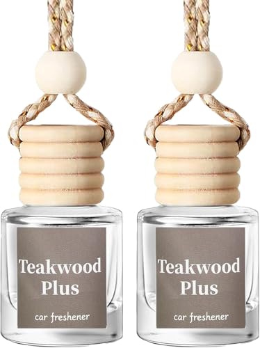 Car Air Freshener Hanging for Essential Oils, Teakwood Scented Diffuser with Adjustable Intensity, Natural Wood Aromatherapy Kit, Universal Fit, 2 Pack (Teakwood)