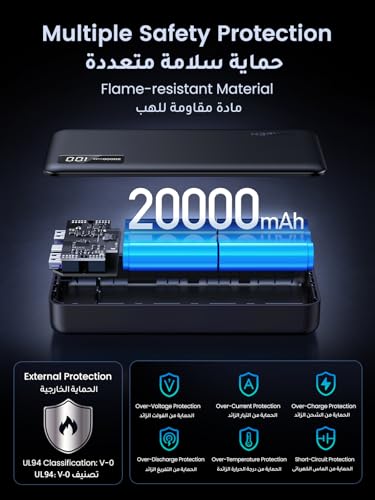 باور بانك 20000 مللي امبير في الساعة من يوجرين، شاحن محمول 22.5 واط مع شحن سريع بي دي 3.0 ومدخل ومخرج USB C مع شاشة رقمية، يتضمن كابل لسلسلة ايفون 16، جالكسي S25U/S25/S24، ايباد، ايربودز
