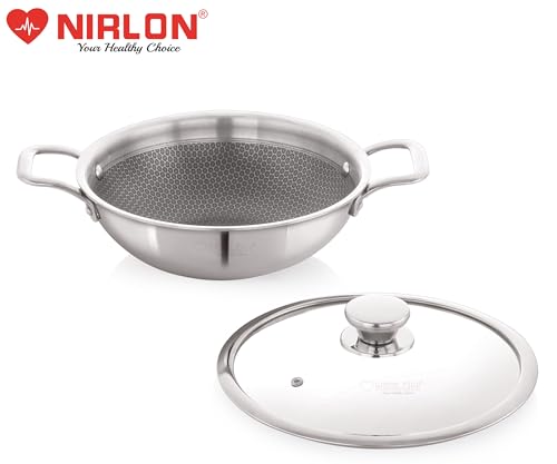 Image of NIRLON Prima Honeycomb Triply Stainless Steel Deep Kadai with Glass Lid | 22cm /2Ltr |Non-Toxic | Safe to Use | Uniform Heating | Heavy-Duty Handle | Easy Cleaning (Induction and Gas Stove Friendly)