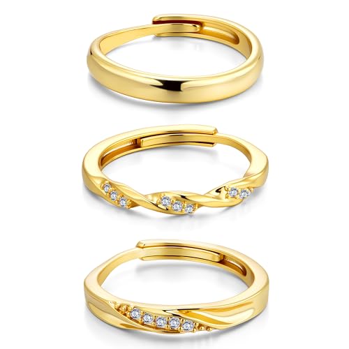 ALEXCRAFT Set de 3 Anillos de Mujer Ajustables Anillos en Oro 14K con Textura Tejida Hipoaalergénicos Anillos Vintage Apilables con Circonitas Cúbicas Minimalistas para Mujer Madre e Hija