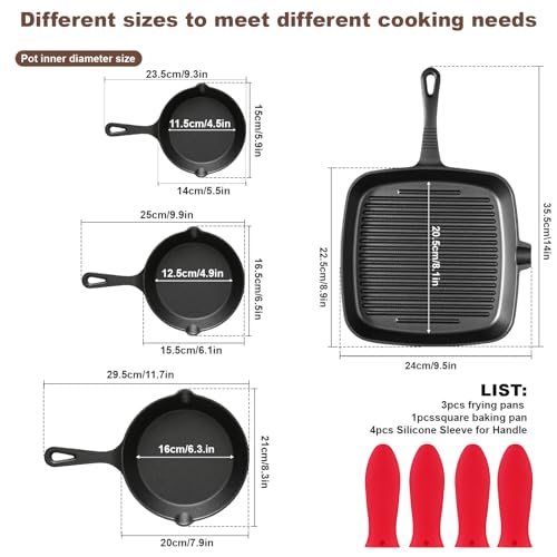 YIYOBEATFO Pre-Seasoned Cast Iron skillets,4 Piece Durable Pots and Pans Set with Handle Covers for Grill, BBQ, Camping Fire, Stovetop, Kitchen and Camping Cookware by YIYOBEATFO - Image 3