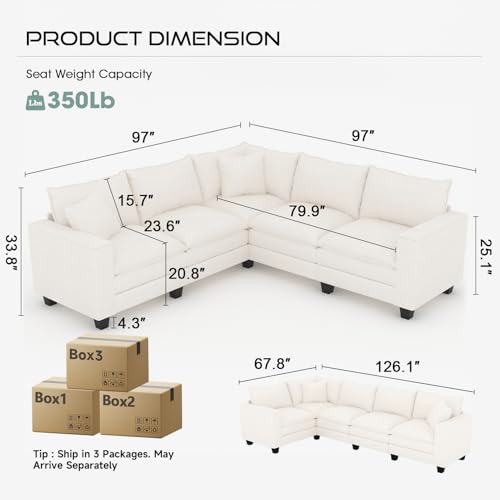 Image of 97 inch L Shaped Sectional Couch, Comfy Chenille Cloud Couch, 5 Seat Modular Cloud Sofa with 2 Pillows & Storage Armrests, Convertible V Shaped Corner Couch, Sectional Couches for Living Room, Beige