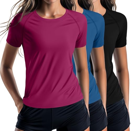 Huukeay 3 Pack Women's Swim Shirt Short Sleeve Rash Guard Quick Dry Crewneck Swimsuit Summer UV Sun Protection Tops UPF 50+