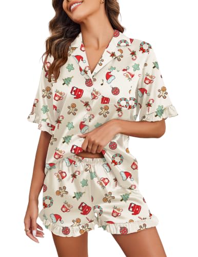 Image of Ekouaer Satin Pajama Set for Women 2 Piece Pj Sets Short Sleeve Sleepwear