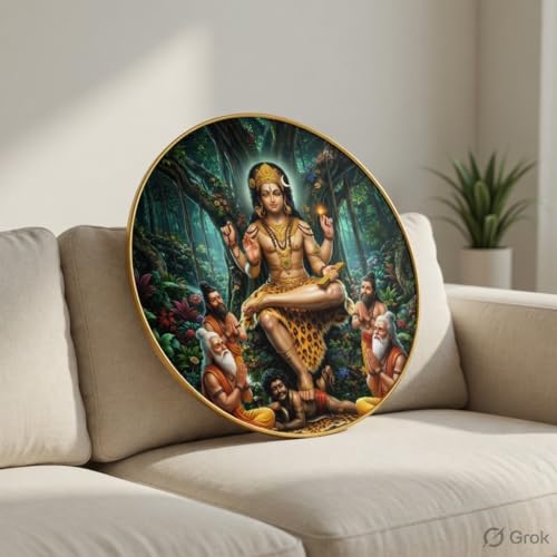 Image of SAF Sri Dakshinamurthy Wall Art with PVC Round Frame | Sparkle Laminated Guru Form of Lord Shiva Teaching Sages Painting | Spiritual Wall Decor for Home Temple Study Room Office Gift