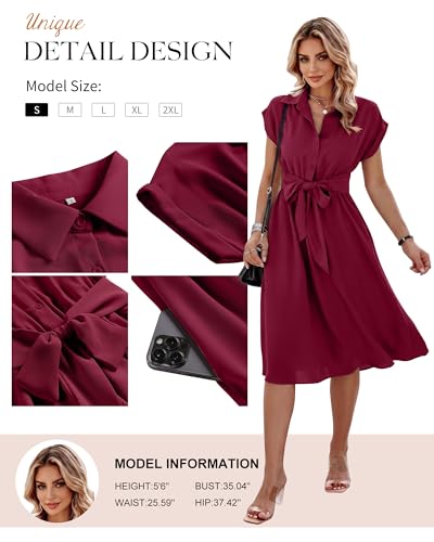 Image of ECOWISH Womens Casual Midi Dresses Solid V Neck Short Sleeve Button Shirt Belted Dress with Pockets for Spring Summer 2026