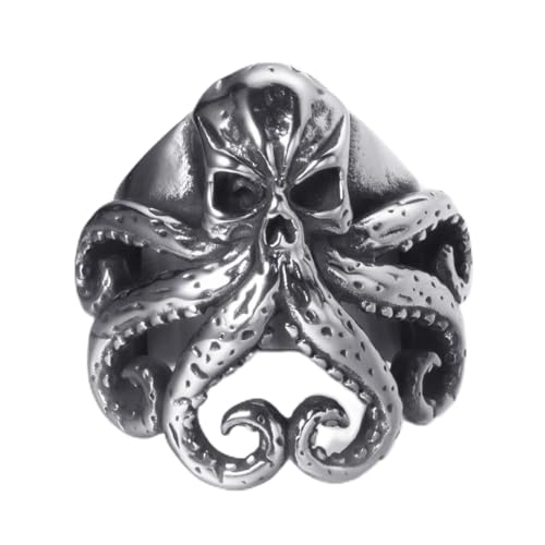 ELFASIO Stainless Steel Octopus Ring for Men Tentacles Retro Gothic Punk Style Jewelry Silver Black Vintage Rings Size 10