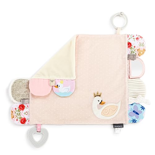 Image of DEMDACO Mommy & Me Colorful 17 x 11.5 Inch Textured Fabric, Teething Ring, Tactile, Stroller Clip-on, Activity Blanket, Blankie, Pink, Swan