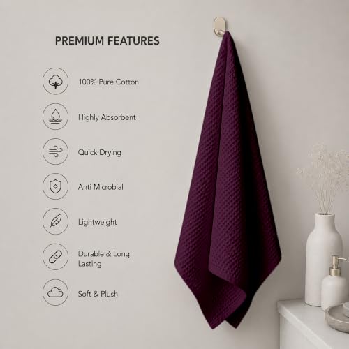 Image of Pure Cotton Waffle Towel | Lightweight | Anti Microbial and Water Absorbent | Soft Touch Quick Drying Bath Towels (Wine, Pack of 1)