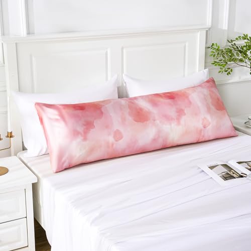 Image of MR&HM Satin Body Pillow Cover, Soft and Breathable Body Pillow Case with Envelope Closure, Cooling and Silky Long Pillowcase for Hair and Skin,Grey (20x54, Dream Pink)