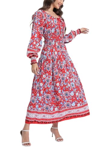 Image of OSTOO Women's 2026 Casual Long Sleeve Square Neck Smocked High Waist Flowy Maxi Dress,Boho Tiered Beach Party Dress