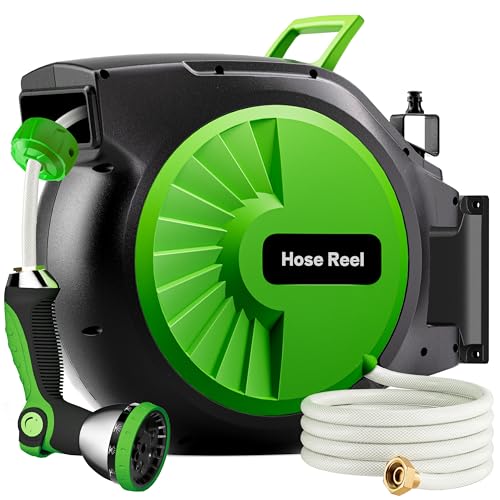 Retractable Garden Hose Reel 100FT x 1/2 in, Wall Mount Water Hose Reel for Outside with Auto Rewind, Tangle-Free Guide, 180° Swivel Bracket, Lock at Any Length, High-Pressure Flow, 10-Pattern Nozzle