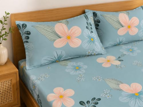 Image of LOOMLYFE Microfiber Soft Cotton Bedsheet for Double Bed, Size 90x100 inches with 2 Large Size Pillow Covers Without Joint - SkyPeachFlower