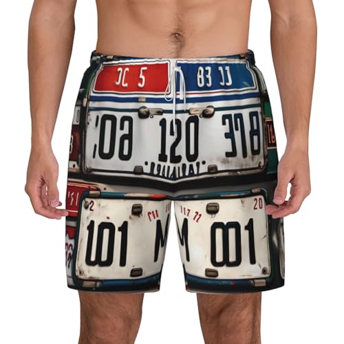 Old License Plate Print Mens Swim Shorts Trunks Inseam Compression Liner Quick Dry Zipper Pocket White