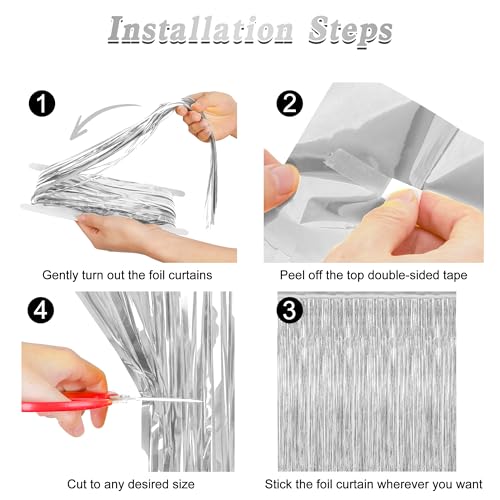Image of 12 Pack Silver Backdrop. 3.28 FT x 7.05 FT Birthday Decorations, Metallic Silver Fringe Backdrop Foil Curtains Tinsel, Disco Party Decor Photo Booth Props Door Decorations Hanging