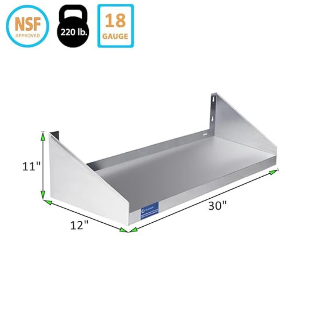 Express KitchQuip Premium Stainless Steel Wall Shelf with Side Guards | Commercial Metal Wall-Mounted Storage | NSF Certified Utility Shelf for Kitchen, Garage, or Laundry (30