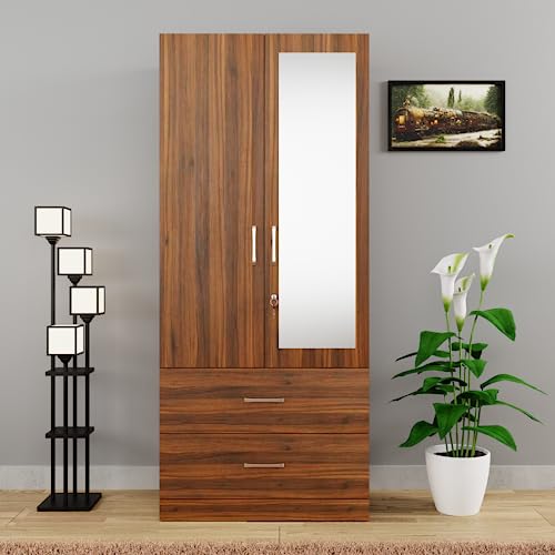 Image of VIKI Wardrobe | Wooden Almirah for Clothes,Door for Bedroom, 2 Door Wardrobe with Drawer, Mirror & Hanging Space (Brussel Walnut - 40D x 80W x 180H) | 1 Year Warranty | Free Assembly